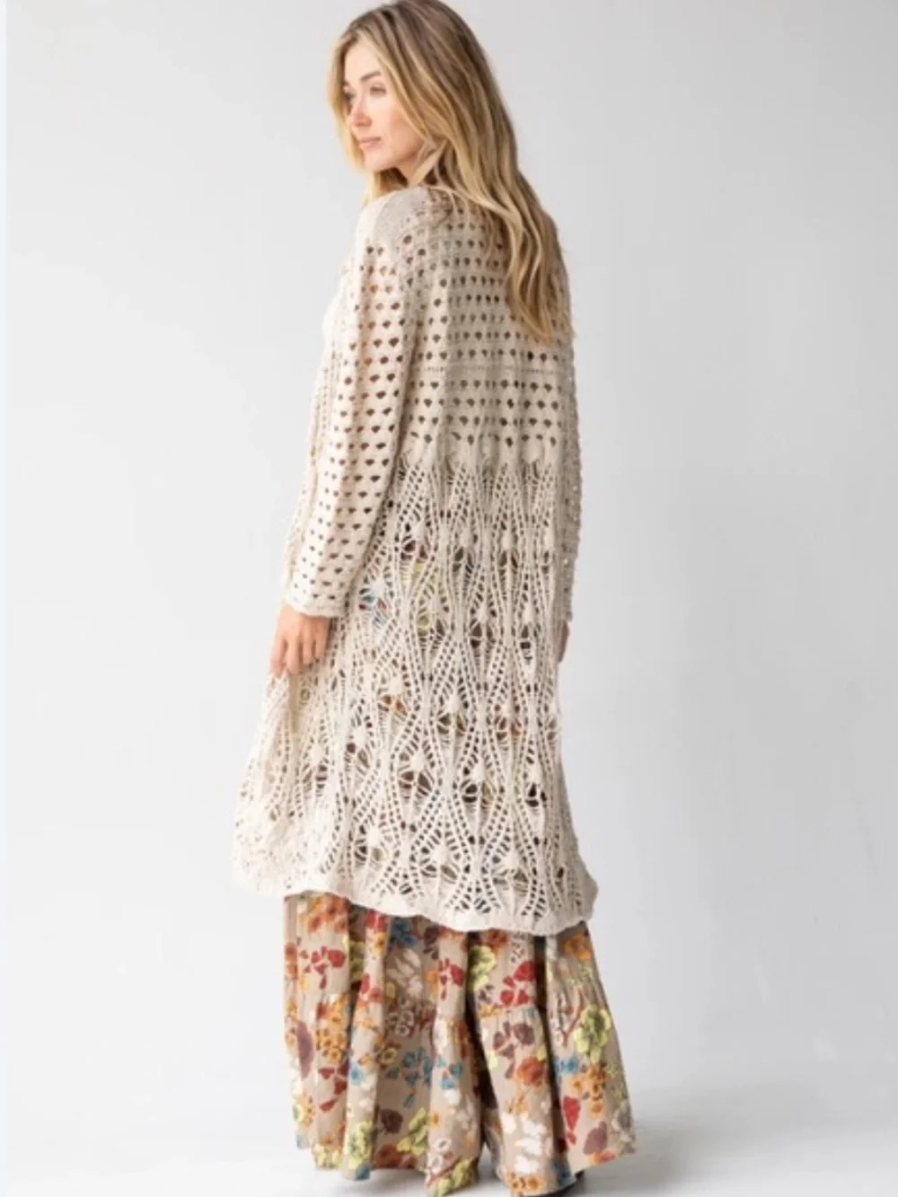 NATURAL LIFE Abigail Cream Open-Knit Crochet Duster Cardigan s/m